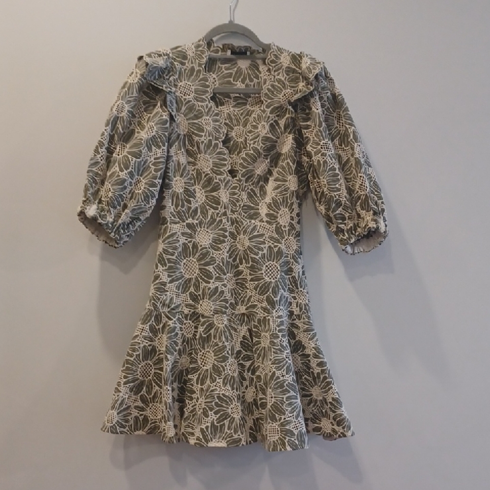 Sandro Olive Green Mini Dress with Ivory Floral Lace